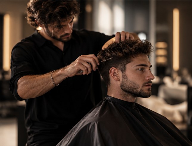 Friseurin berät einen Kunden im Salon