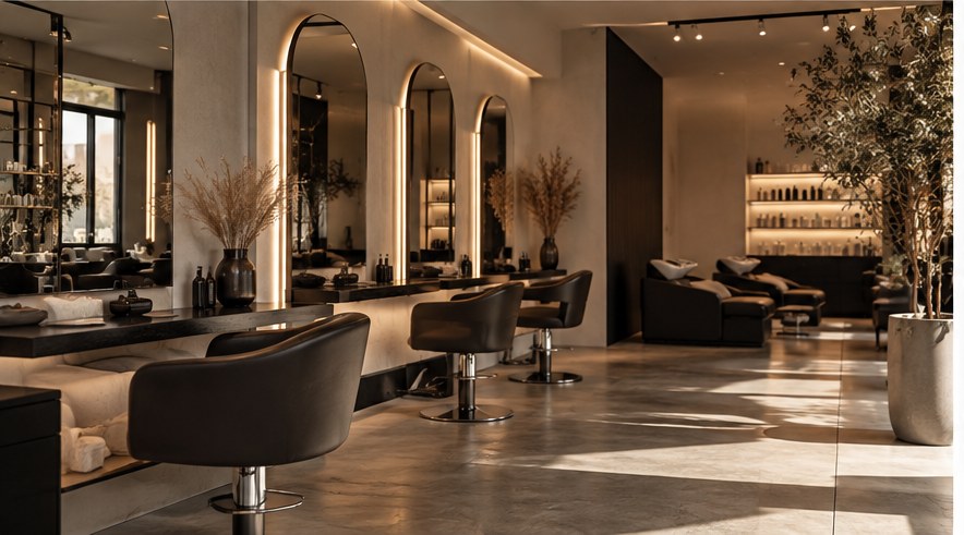 Heller Friseursalon mit Spiegeln und Stylingplätzen